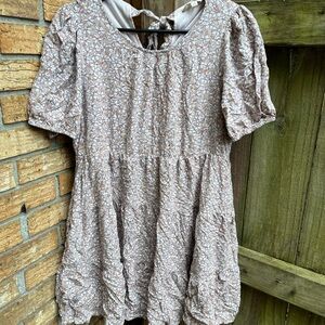 Gray and White Puff Sleeve Mini Dress with Tie Front